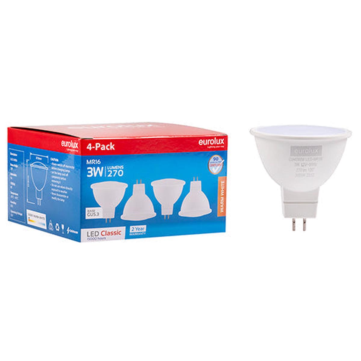 Eurolux LED MR16 Classic Frosted Lens 3w GU5.3 3000K 4 Pack N