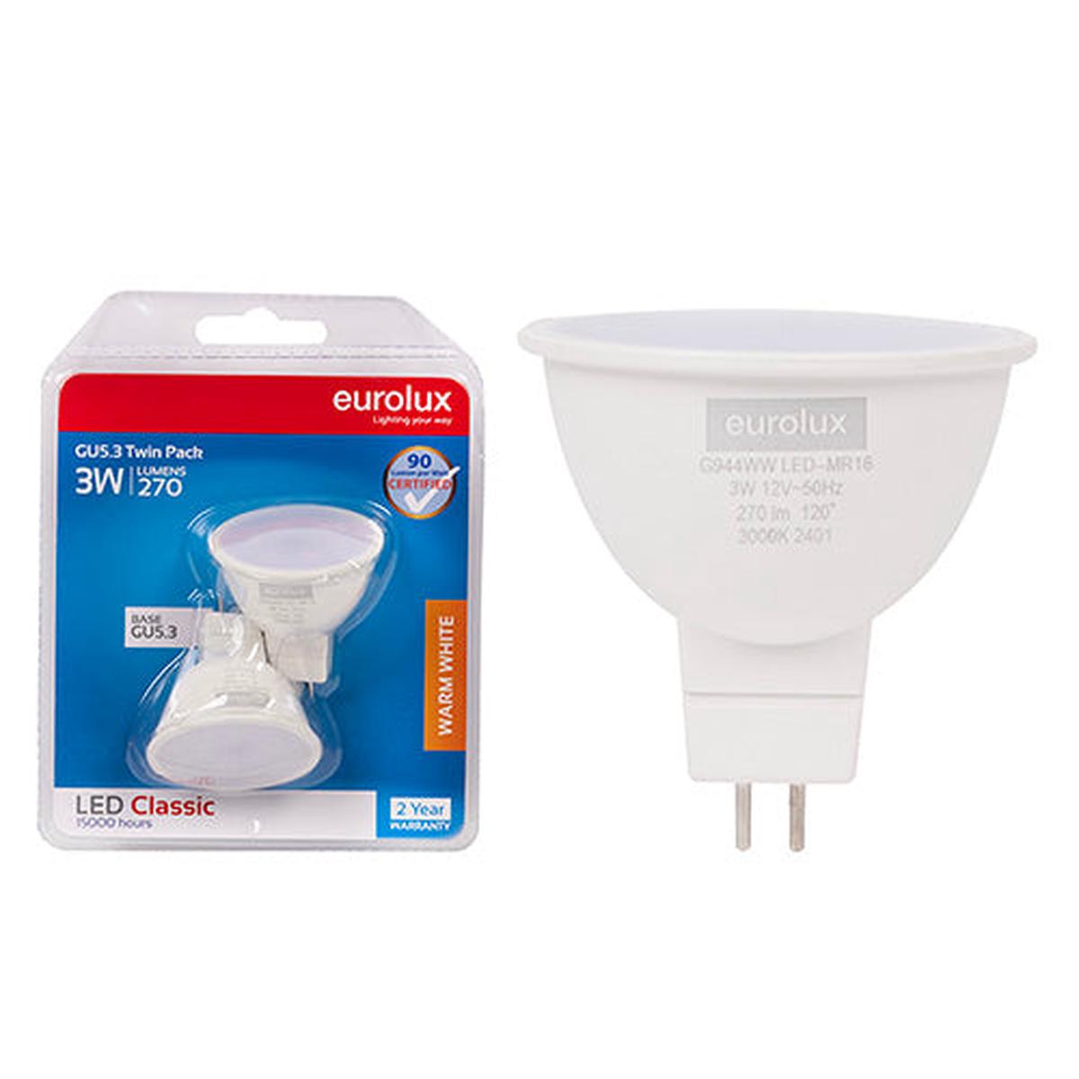 Eurolux LED MR16 Classic Frosted Lens 3w GU5.3 3000K Twin Pack N