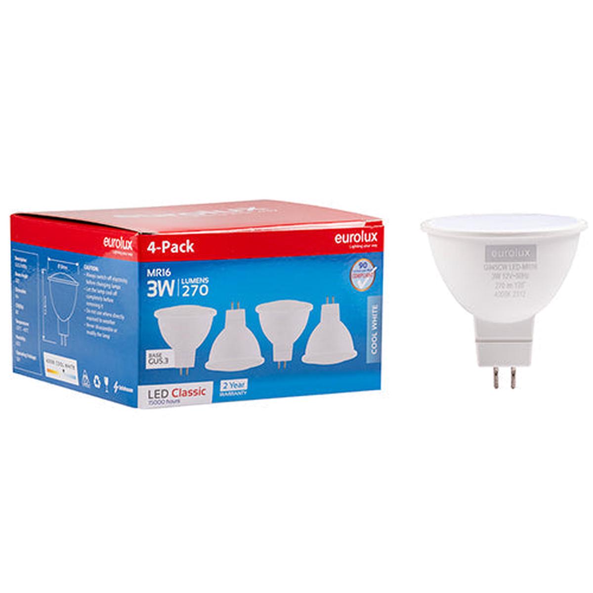 Eurolux LED MR16 Classic Frosted Lens 3w GU5.3 4000K 4 Pack N
