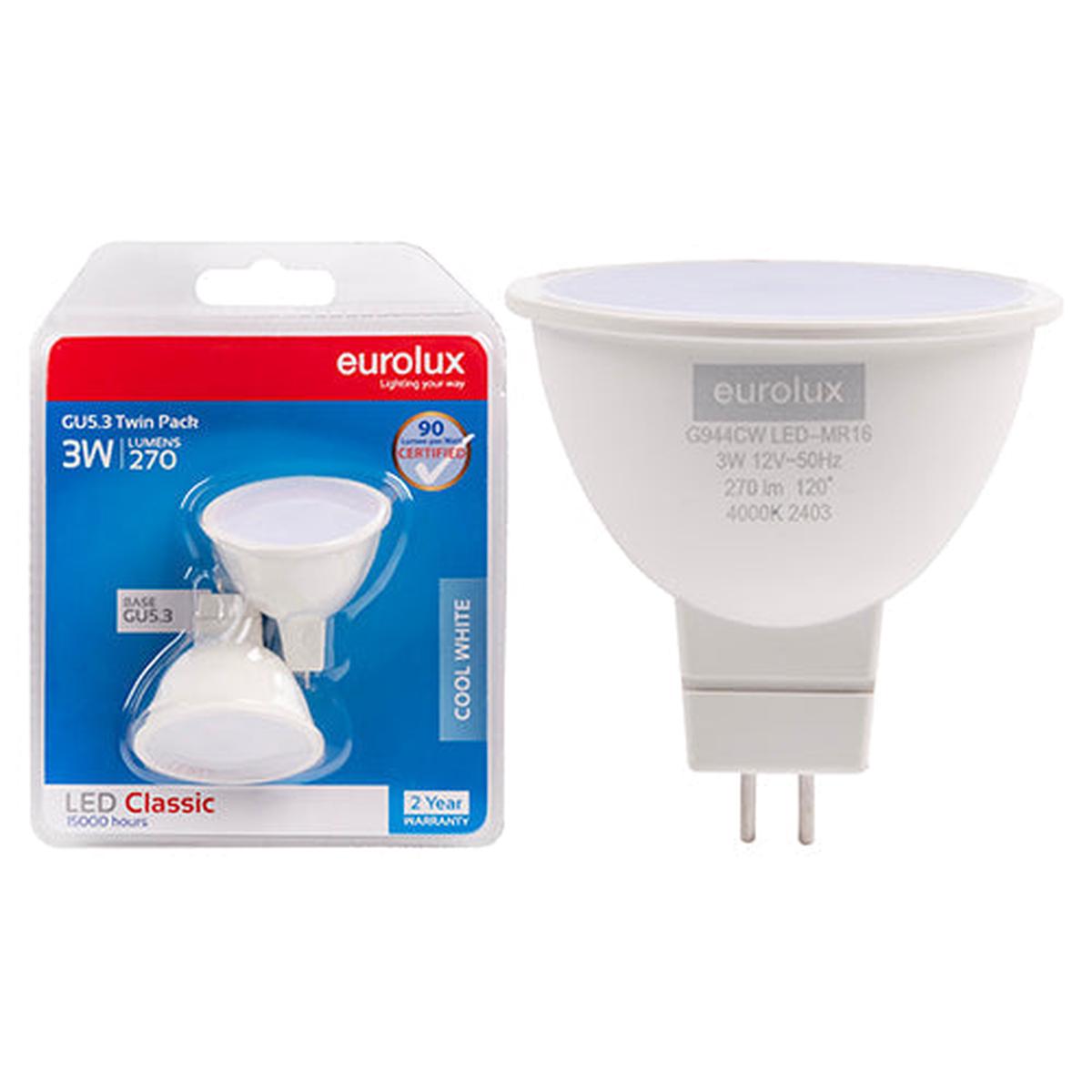 Eurolux LED MR16 Classic Frosted Lens 3w GU5.3 4000K Twin Pack N