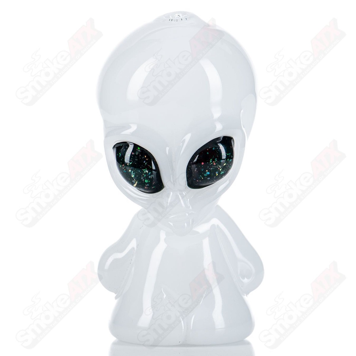 White W/ UV Crushed Opal Eyes Alien Hand Pipe by Ghost Glass